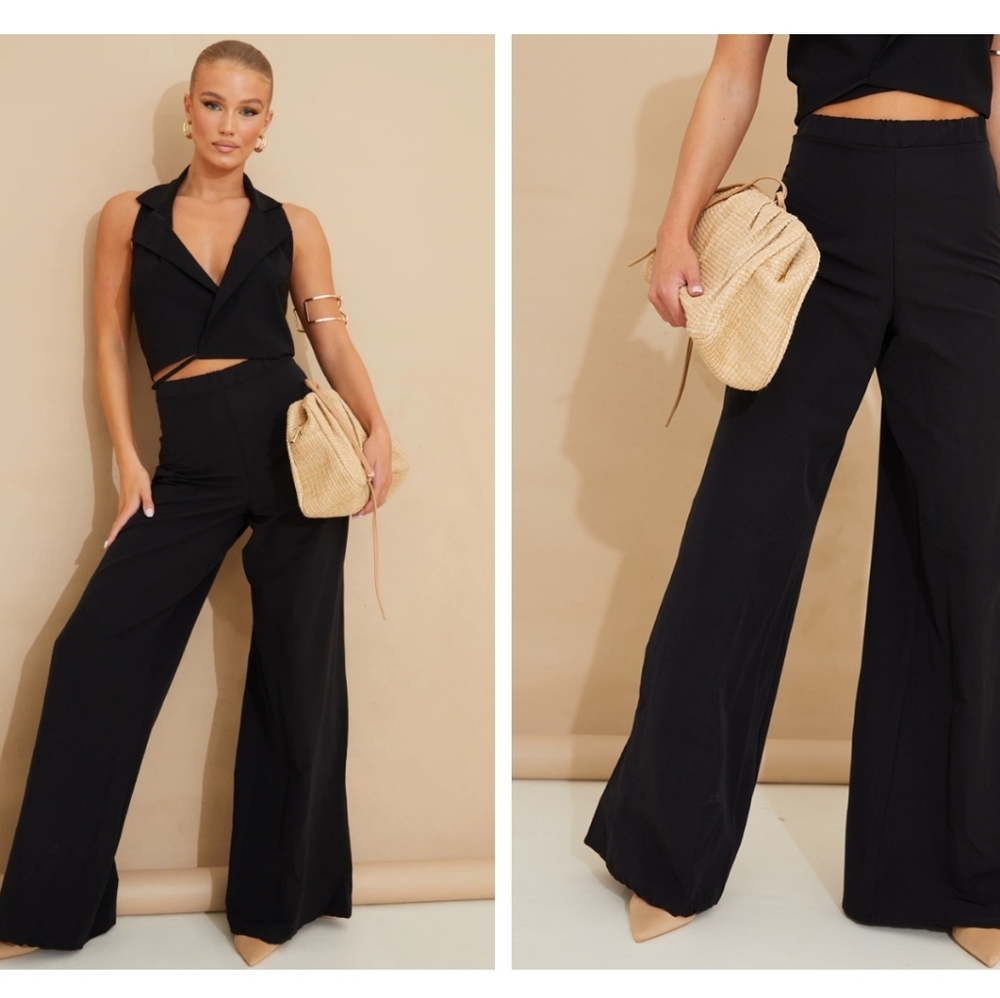 NWT! Pretty Little Thing Black Stretch Woven Wide Leg Pants 4
